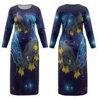 New Zealand Kokako Bird Couples Matching Long Sleeve Bodycon Dress and Hawaiian Shirt Kowhai Galaxy Style Polynesian Pattern LT22 - Polynesian Pride