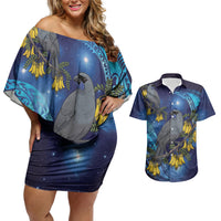 New Zealand Kokako Bird Couples Matching Off Shoulder Short Dress and Hawaiian Shirt Kowhai Galaxy Style Polynesian Pattern LT22 Blue - Polynesian Pride