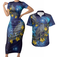 New Zealand Kokako Bird Couples Matching Short Sleeve Bodycon Dress and Hawaiian Shirt Kowhai Galaxy Style Polynesian Pattern LT22 Blue - Polynesian Pride