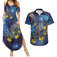 New Zealand Kokako Bird Couples Matching Summer Maxi Dress and Hawaiian Shirt Kowhai Galaxy Style Polynesian Pattern LT22 Blue - Polynesian Pride