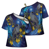 New Zealand Kokako Bird Cross Shoulder Shirt Kowhai Galaxy Style Polynesian Pattern