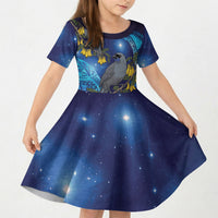 New Zealand Kokako Bird Kid Short Sleeve Dress Kowhai Galaxy Style Polynesian Pattern LT22 KID Blue - Polynesian Pride