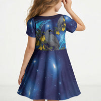 New Zealand Kokako Bird Kid Short Sleeve Dress Kowhai Galaxy Style Polynesian Pattern LT22 - Polynesian Pride
