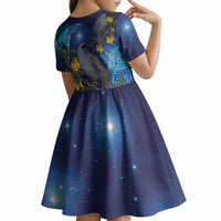 New Zealand Kokako Bird Kid Short Sleeve Dress Kowhai Galaxy Style Polynesian Pattern LT22 - Polynesian Pride