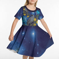 New Zealand Kokako Bird Kid Short Sleeve Dress Kowhai Galaxy Style Polynesian Pattern LT22 - Polynesian Pride