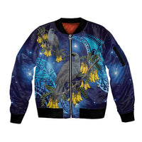New Zealand Kokako Bird Sleeve Zip Bomber Jacket Kowhai Galaxy Style Polynesian Pattern