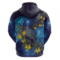 New Zealand Kokako Bird Zip Hoodie Kowhai Galaxy Style Polynesian Pattern