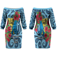 Personalised New Zealand Father's Day Family Matching Off The Shoulder Long Sleeve Dress and Hawaiian Shirt Best Dad Trophy Red Rose Maori Pattern LT22 Mom's Dress Blue - Polynesian Pride
