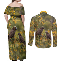 New Zealand Kaka Bird Couples Matching Off Shoulder Maxi Dress and Long Sleeve Button Shirt Kowhai Flower Landscape Style LT22 - Polynesian Pride