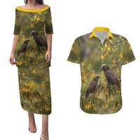 New Zealand Kaka Bird Couples Matching Puletasi and Hawaiian Shirt Kowhai Flower Landscape Style LT22 Green - Polynesian Pride