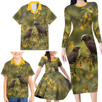 New Zealand Kaka Bird Family Matching Long Sleeve Bodycon Dress and Hawaiian Shirt Kowhai Flower Landscape Style LT22 - Polynesian Pride