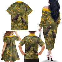 New Zealand Kaka Bird Family Matching Off The Shoulder Long Sleeve Dress and Hawaiian Shirt Kowhai Flower Landscape Style LT22 - Polynesian Pride
