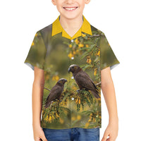 New Zealand Kaka Bird Family Matching Off The Shoulder Long Sleeve Dress and Hawaiian Shirt Kowhai Flower Landscape Style LT22 Son's Shirt Green - Polynesian Pride