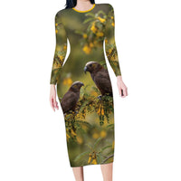 New Zealand Kaka Bird Long Sleeve Bodycon Dress Kowhai Flower Landscape Style