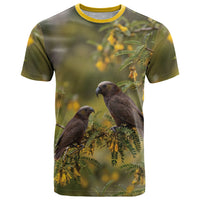 New Zealand Kaka Bird T Shirt Kowhai Flower Landscape Style