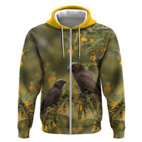 New Zealand Kaka Bird Zip Hoodie Kowhai Flower Landscape Style LT22 Zip Hoodie Green - Polynesian Pride