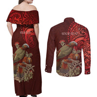 New Zealand Kaka Bird Personalised Couples Matching Off Shoulder Maxi Dress and Long Sleeve Button Shirt Pohutukawa Matariki Maori Pattern