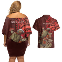 New Zealand Kaka Bird Personalised Couples Matching Off Shoulder Short Dress and Hawaiian Shirt Pohutukawa Matariki Maori Pattern