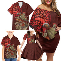 New Zealand Kaka Bird Personalised Family Matching Off Shoulder Short Dress and Hawaiian Shirt Pohutukawa Matariki Maori Pattern LT22 - Polynesian Pride
