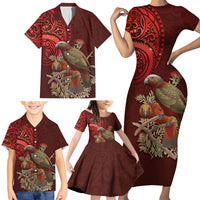 New Zealand Kaka Bird Personalised Family Matching Short Sleeve Bodycon Dress and Hawaiian Shirt Pohutukawa Matariki Maori Pattern LT22 - Polynesian Pride