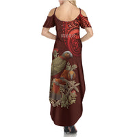 New Zealand Kaka Bird Personalised Family Matching Summer Maxi Dress and Hawaiian Shirt Pohutukawa Matariki Maori Pattern LT22 - Polynesian Pride
