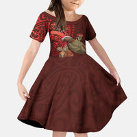 New Zealand Kaka Bird Personalised Kid Short Sleeve Dress Pohutukawa Matariki Maori Pattern