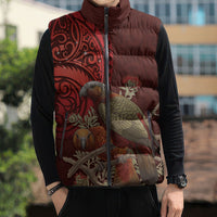New Zealand Kaka Bird Personalised Sleeveless Puffer Jacket Pohutukawa Matariki Maori Pattern