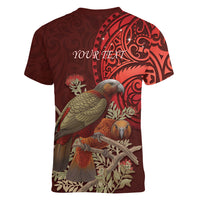 New Zealand Kaka Bird Personalised Women V-Neck T-Shirt Pohutukawa Matariki Maori Pattern