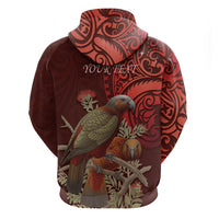 New Zealand Kaka Bird Personalised Zip Hoodie Pohutukawa Matariki Maori Pattern