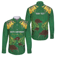 Personalised South Canterbury Anniversary Day Family Matching Summer Maxi Dress and Hawaiian Shirt Kiwi Kowhai Silver Fern Maori Pattern LT22 Dad's Shirt - Long Sleeve Green - Polynesian Pride