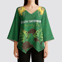 Personalised South Canterbury Anniversary Day Kimono Sleeve Blouse Kiwi Kowhai Silver Fern Maori Pattern LT22 - Polynesian Pride