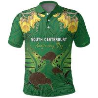 Personalised South Canterbury Anniversary Day Polo Shirt Kiwi Kowhai Silver Fern Maori Pattern LT22 Green - Polynesian Pride