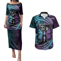 Personalised Polynesia Suicide Prevention Month Couples Matching Puletasi and Hawaiian Shirt Semicolon Butterfly Never Give Up Polynesian Pattern LT22 Teal - Polynesian Pride