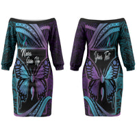 Personalised Polynesia Suicide Prevention Month Family Matching Off The Shoulder Long Sleeve Dress and Hawaiian Shirt Semicolon Butterfly Never Give Up Polynesian Pattern LT22 Mom's Dress Teal - Polynesian Pride