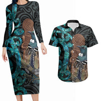 New Zealand Tui Bird Wahaika Couples Matching Long Sleeve Bodycon Dress and Hawaiian Shirt Maori Weapon Paua Shell Koru Pattern