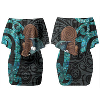 New Zealand Tui Bird Wahaika Couples Matching Off Shoulder Short Dress and Long Sleeve Button Shirt Maori Weapon Paua Shell Koru Pattern