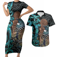 New Zealand Tui Bird Wahaika Couples Matching Short Sleeve Bodycon Dress and Hawaiian Shirt Maori Weapon Paua Shell Koru Pattern