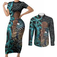 New Zealand Tui Bird Wahaika Couples Matching Short Sleeve Bodycon Dress and Long Sleeve Button Shirt Maori Weapon Paua Shell Koru Pattern LT22 Black - Polynesian Pride