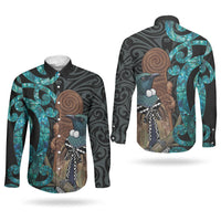 New Zealand Tui Bird Wahaika Couples Matching Short Sleeve Bodycon Dress and Long Sleeve Button Shirt Maori Weapon Paua Shell Koru Pattern LT22 - Polynesian Pride