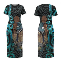 New Zealand Tui Bird Wahaika Couples Matching Short Sleeve Bodycon Dress and Long Sleeve Button Shirt Maori Weapon Paua Shell Koru Pattern LT22 - Polynesian Pride