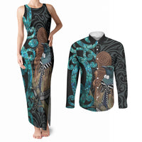 New Zealand Tui Bird Wahaika Couples Matching Tank Maxi Dress and Long Sleeve Button Shirt Maori Weapon Paua Shell Koru Pattern