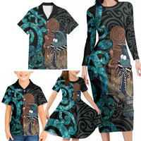 New Zealand Tui Bird Wahaika Family Matching Long Sleeve Bodycon Dress and Hawaiian Shirt Maori Weapon Paua Shell Koru Pattern