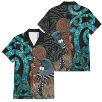 New Zealand Tui Bird Wahaika Family Matching Puletasi and Hawaiian Shirt Maori Weapon Paua Shell Koru Pattern