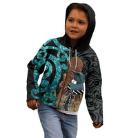 New Zealand Tui Bird Wahaika Kid Hoodie Maori Weapon Paua Shell Koru Pattern