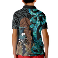 New Zealand Tui Bird Wahaika Kid Polo Shirt Maori Weapon Paua Shell Koru Pattern