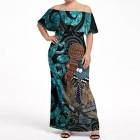 New Zealand Tui Bird Wahaika Off Shoulder Maxi Dress Maori Weapon Paua Shell Koru Pattern LT22 Women Black - Polynesian Pride