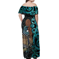 New Zealand Tui Bird Wahaika Off Shoulder Maxi Dress Maori Weapon Paua Shell Koru Pattern LT22 - Polynesian Pride