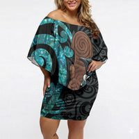 New Zealand Tui Bird Wahaika Off Shoulder Short Dress Maori Weapon Paua Shell Koru Pattern LT22 Women Black - Polynesian Pride
