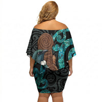 New Zealand Tui Bird Wahaika Off Shoulder Short Dress Maori Weapon Paua Shell Koru Pattern LT22 - Polynesian Pride