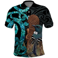 New Zealand Tui Bird Wahaika Polo Shirt Maori Weapon Paua Shell Koru Pattern LT22 Black - Polynesian Pride